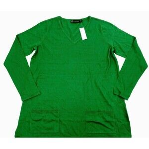 New York & Company Green V-Neck Pullover Sweater Size L Front Pockets